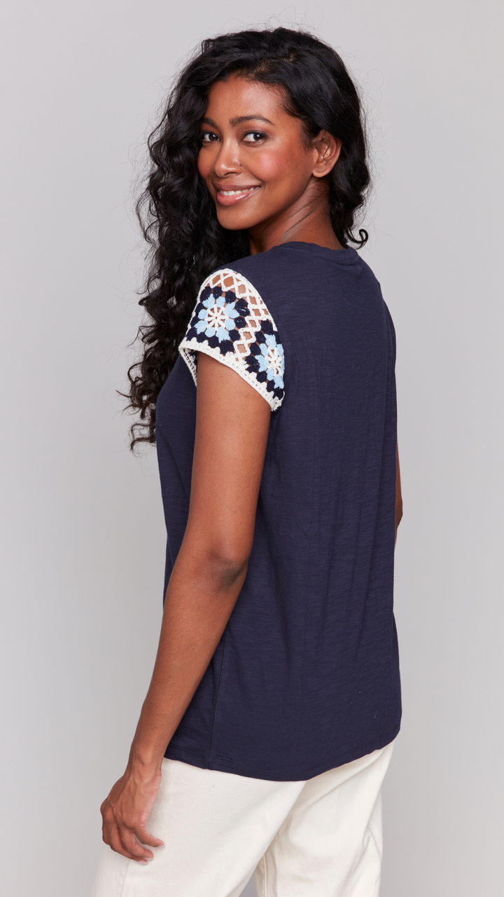 Navy Crochet Cap Sleeve Top