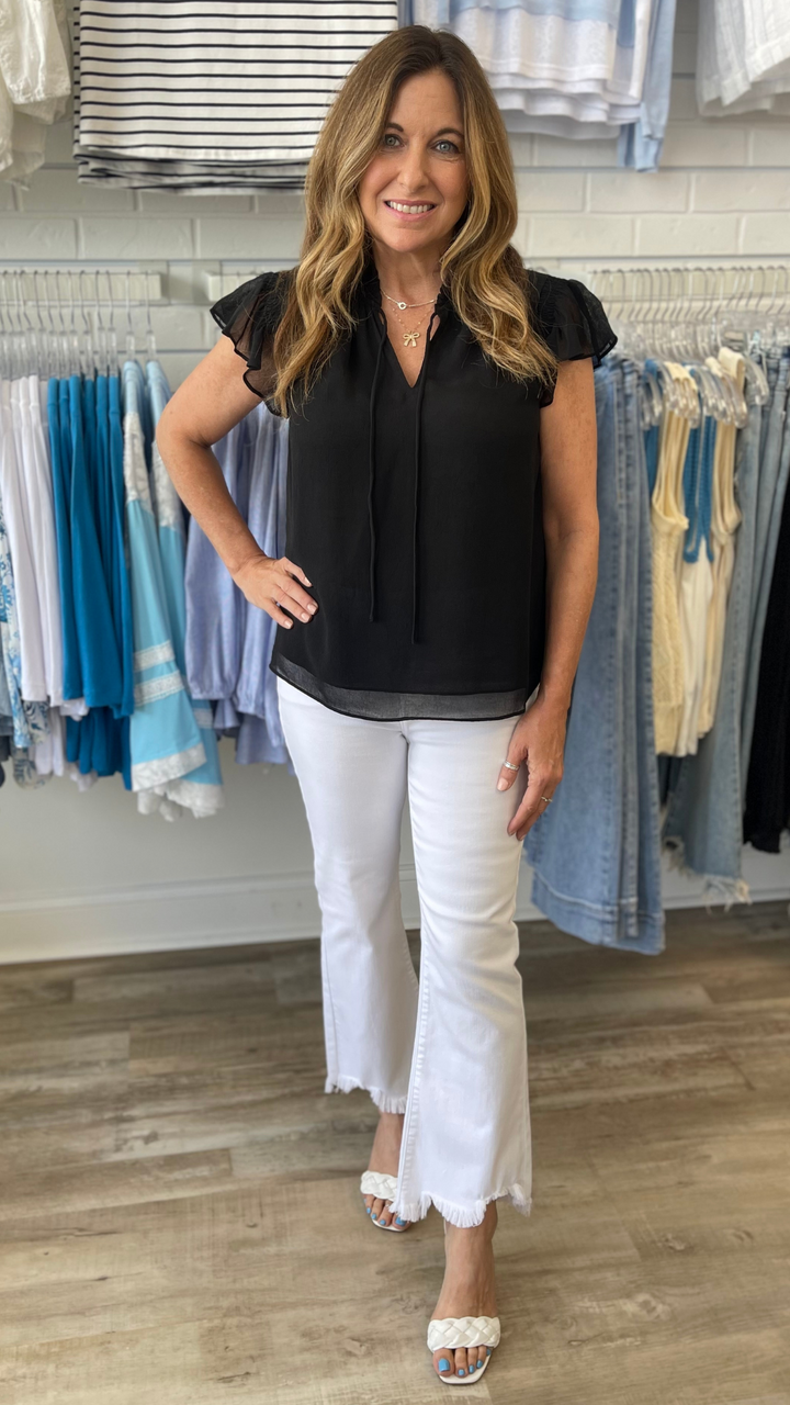 Split Neck Tie Blouse With Ruffle Detail