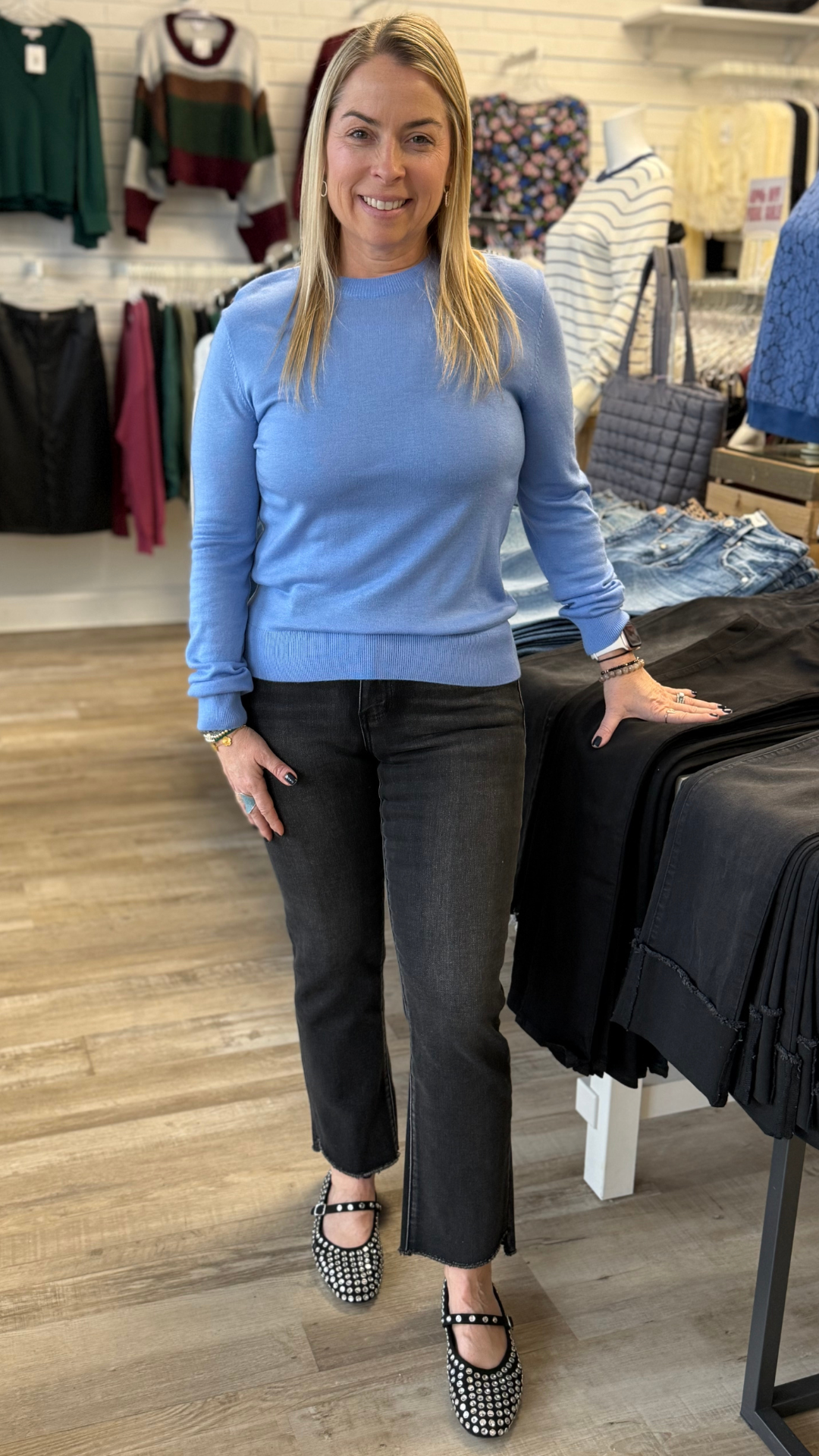 Azure Blue Round Neck Pullover Sweater