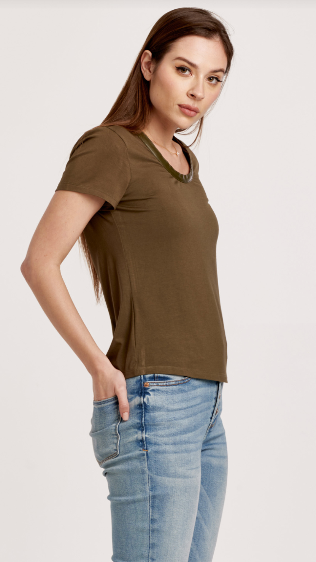 Olive Scoop Neck Top With Pleather Band