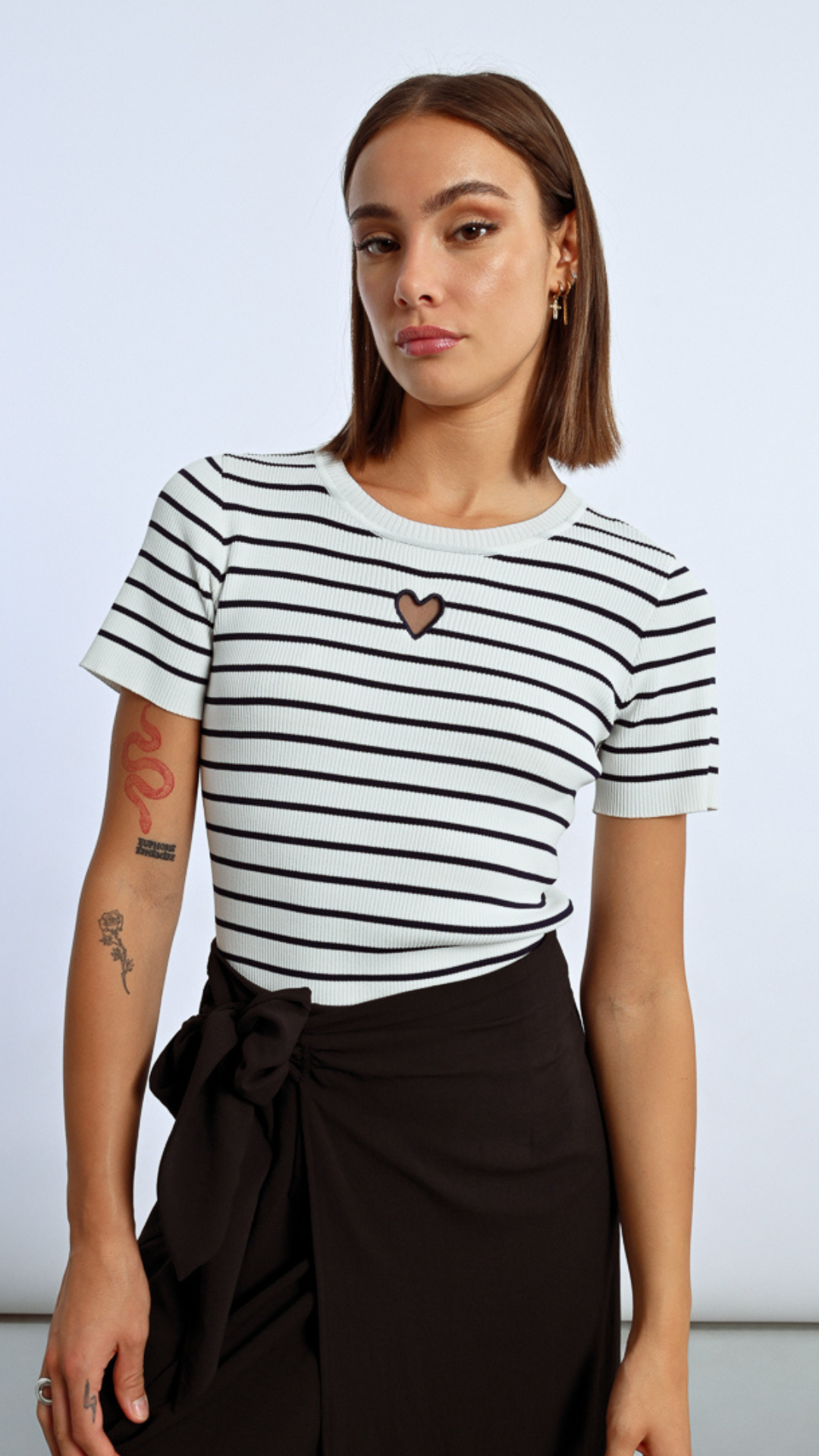 Stripe Open Heart Embroidered Sweater Top