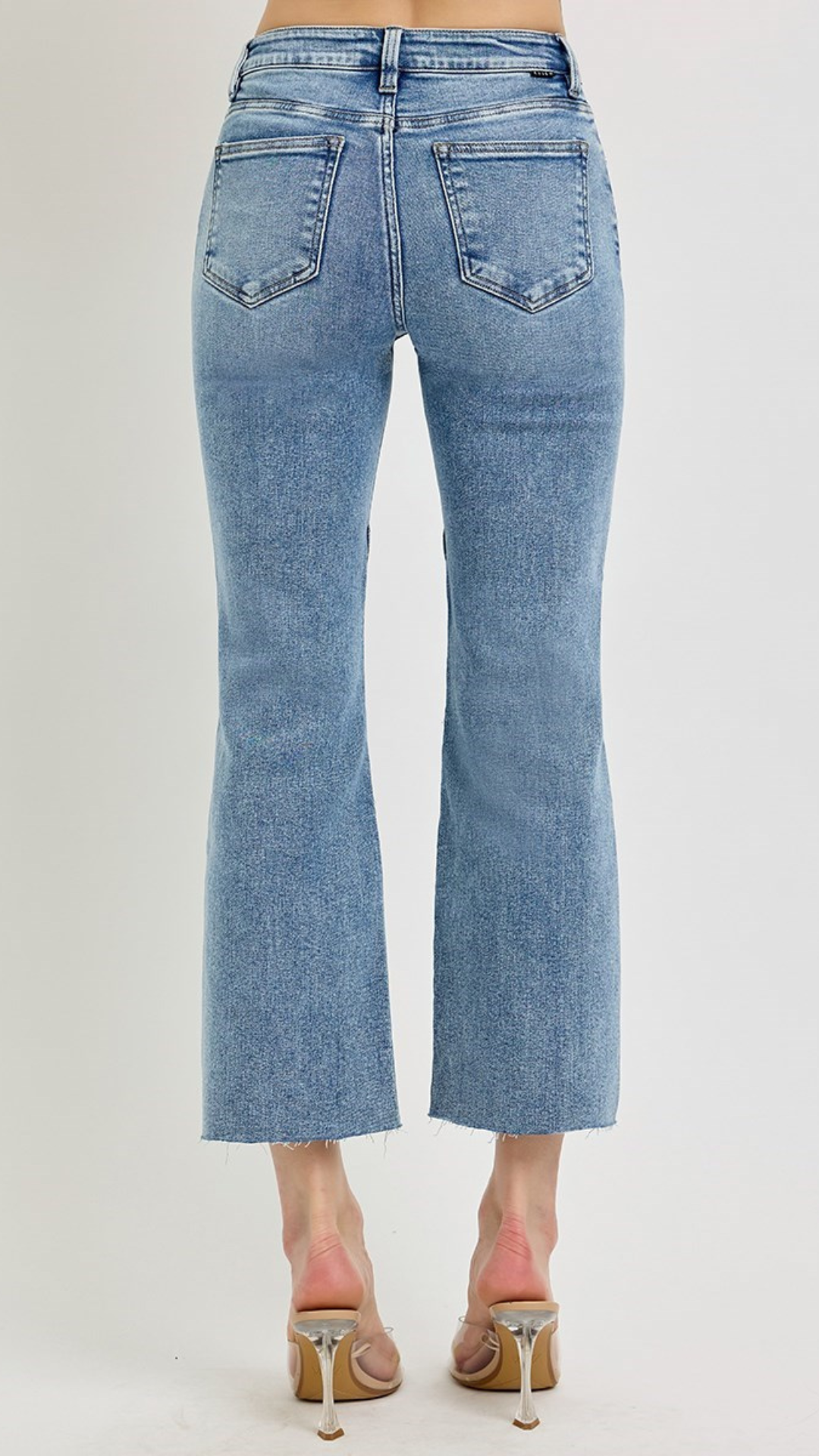 Mid Rise Light Wash Crop Flare Leg Seam Detail Jeans