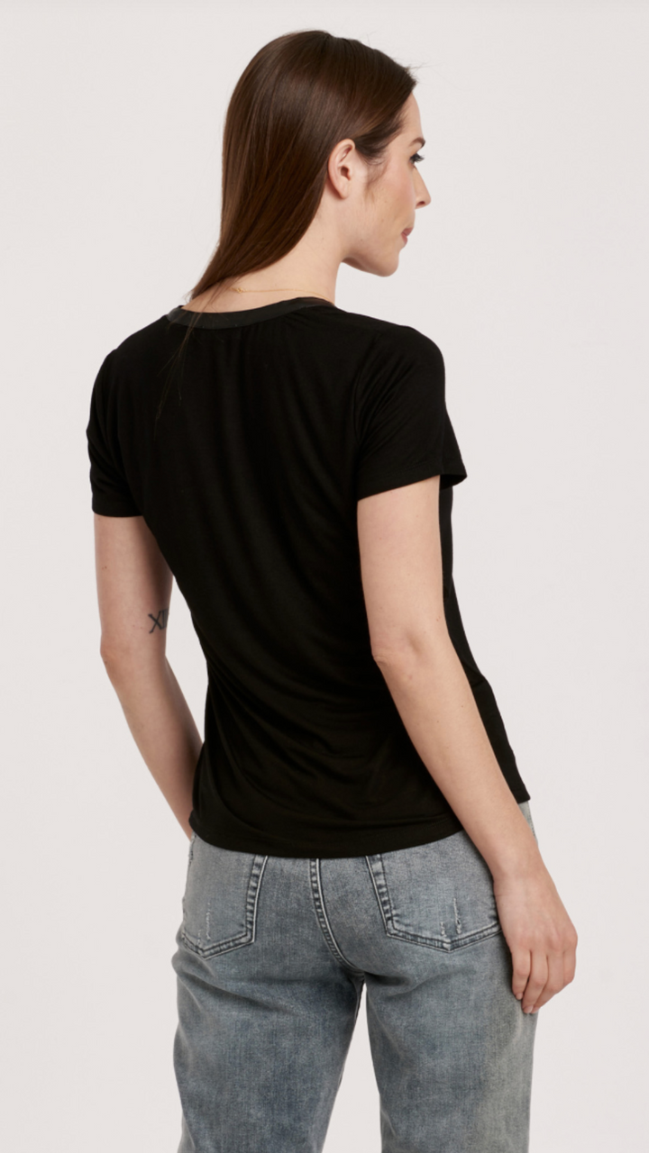 Black Scoop Neck Top With Pleather Band