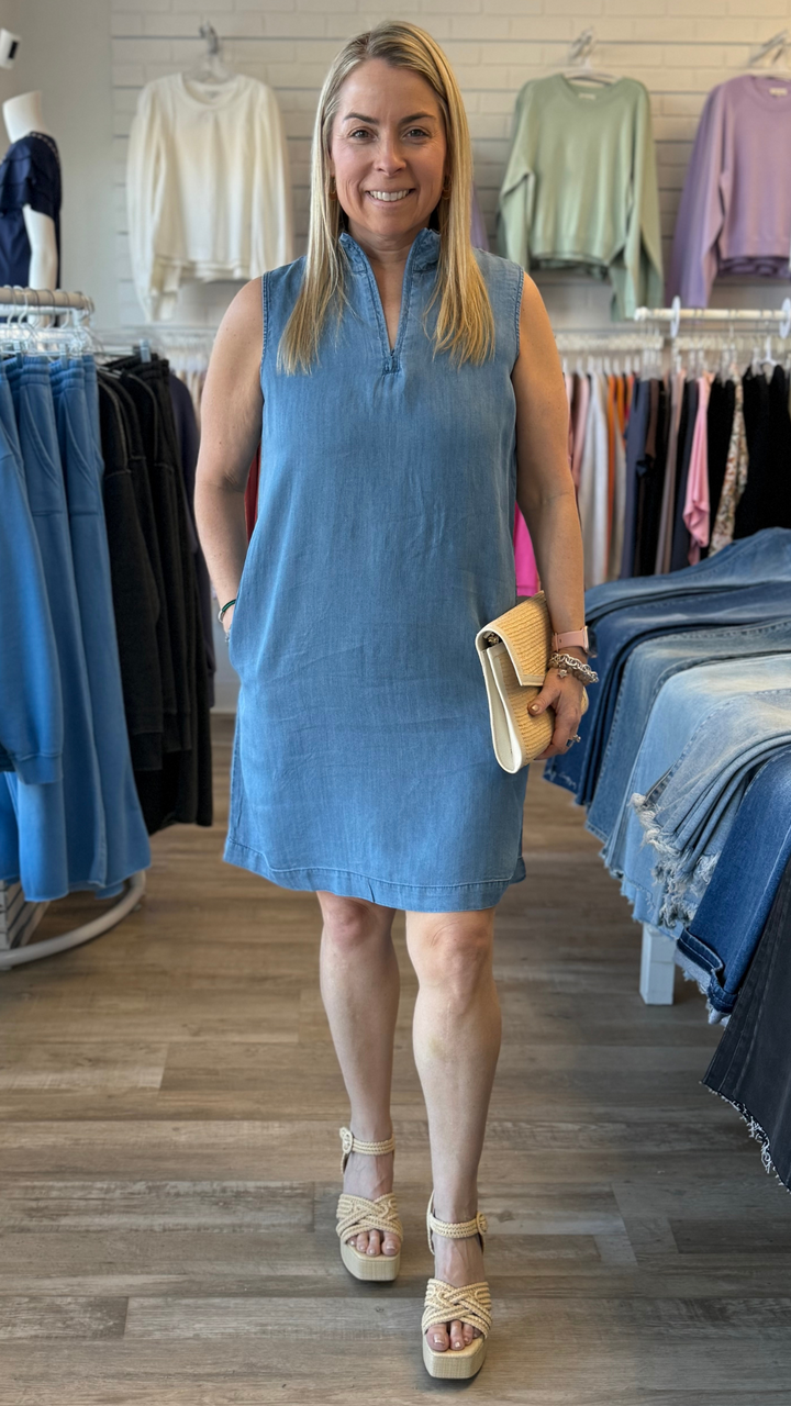 Chambray Sleeveless Zip Up Dress