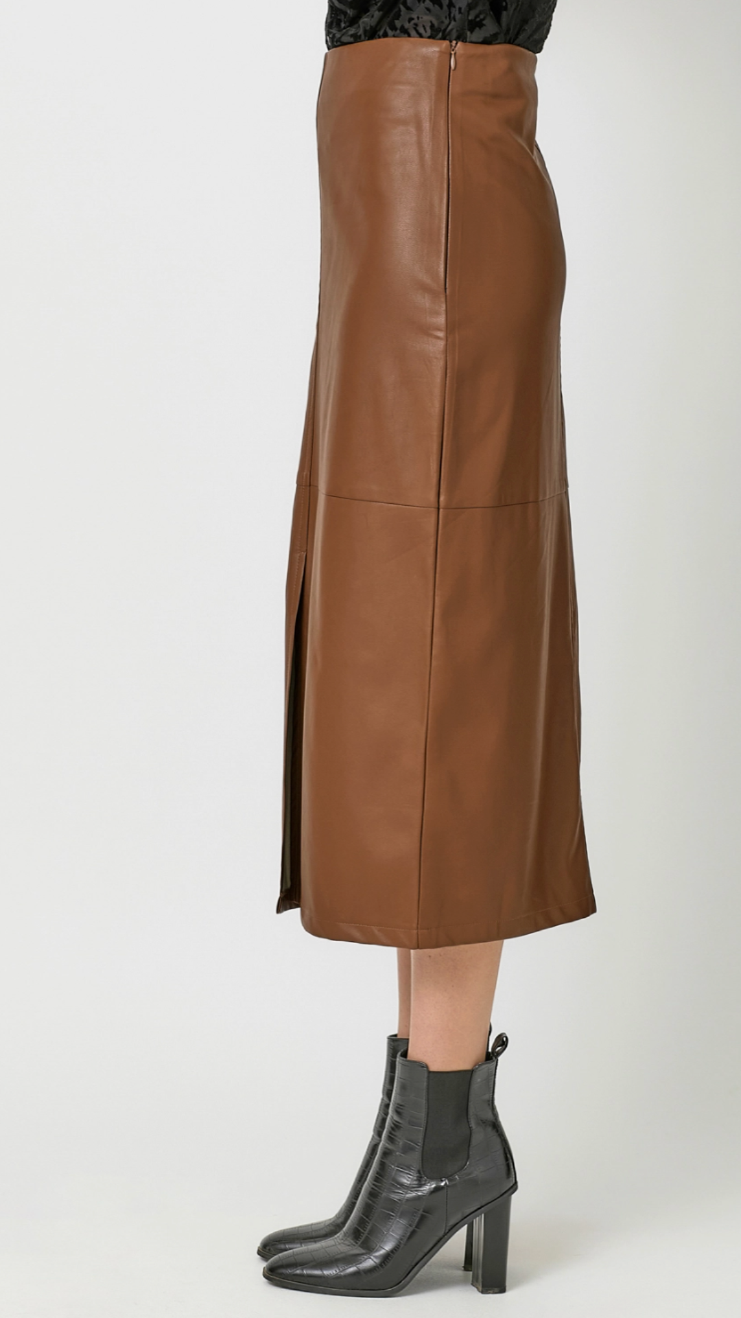 Camel Leather Midi Skirt