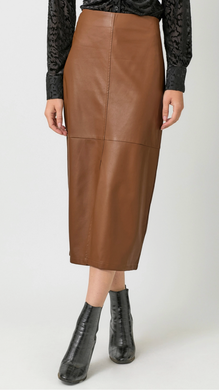 Camel Leather Midi Skirt