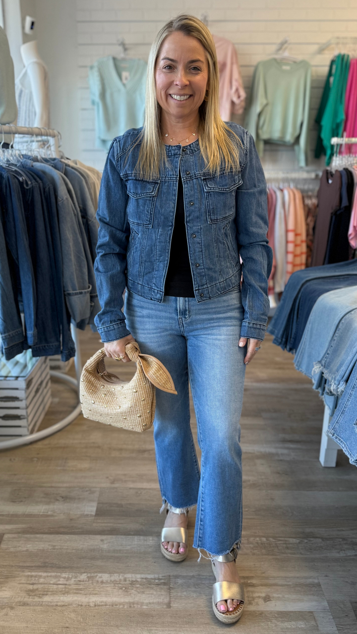 Dark Denim Collarless Fashion Trucker Jacket