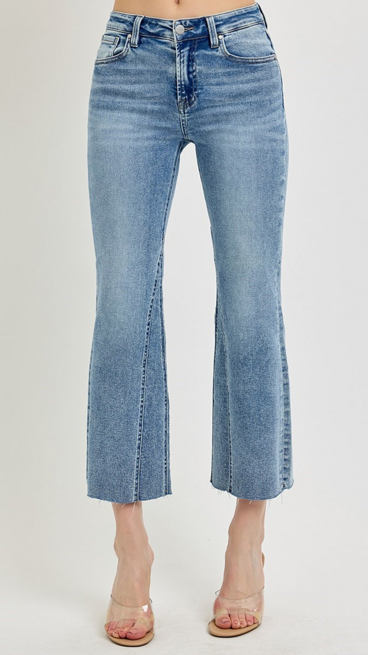 Mid Rise Light Wash Crop Flare Leg Seam Detail Jeans