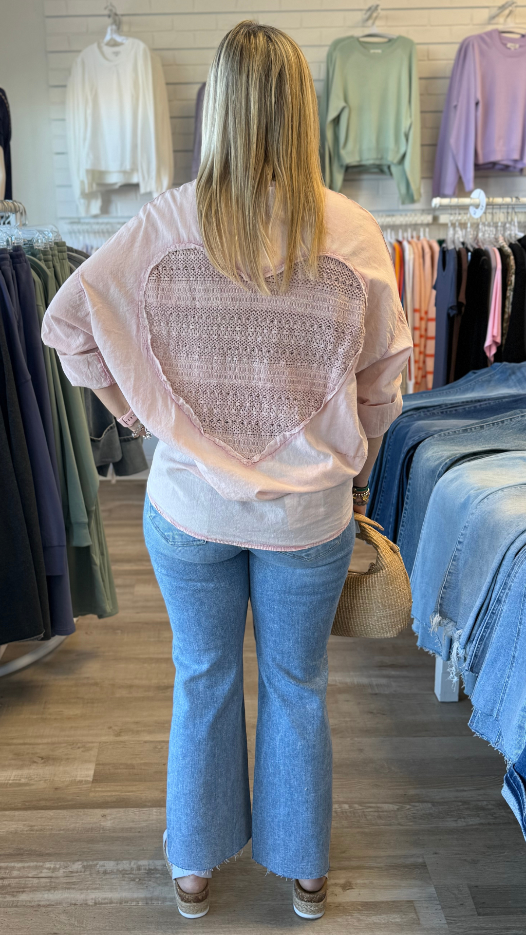 Baby Pink Button Up Shirt With Crochet Heart