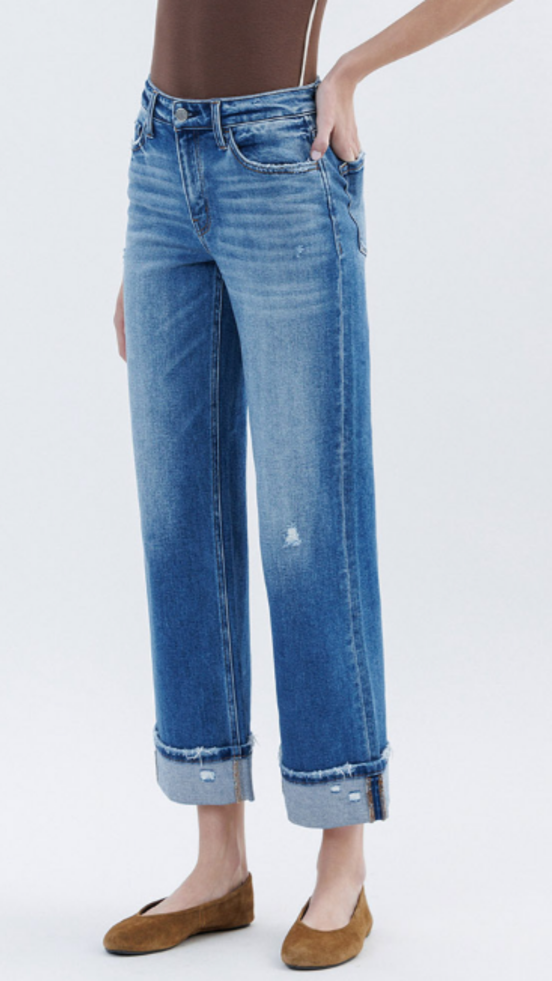 High Rise Medium Wash Cuffed Slim Wide Jeans