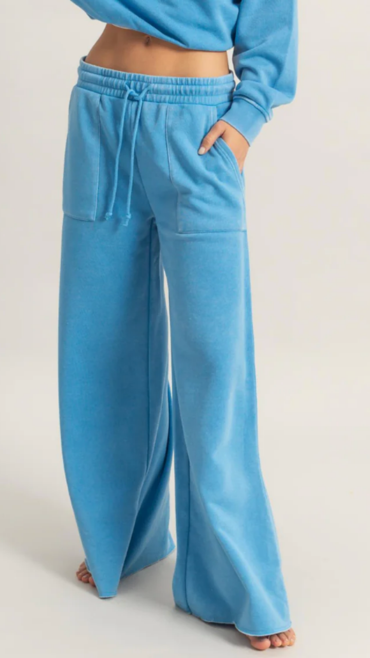 Blue High Rise Wide Leg Drawstring Pants