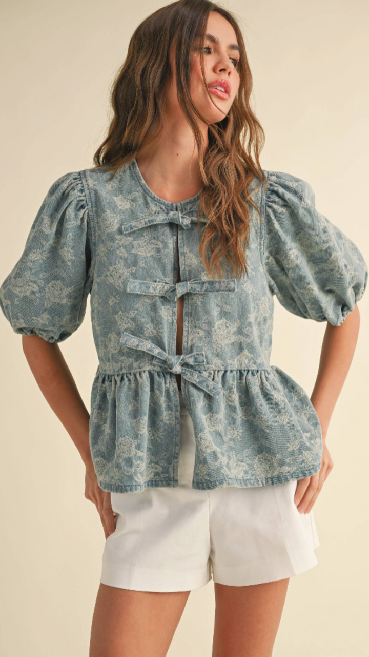 Denim Jacquard Bow Blouse