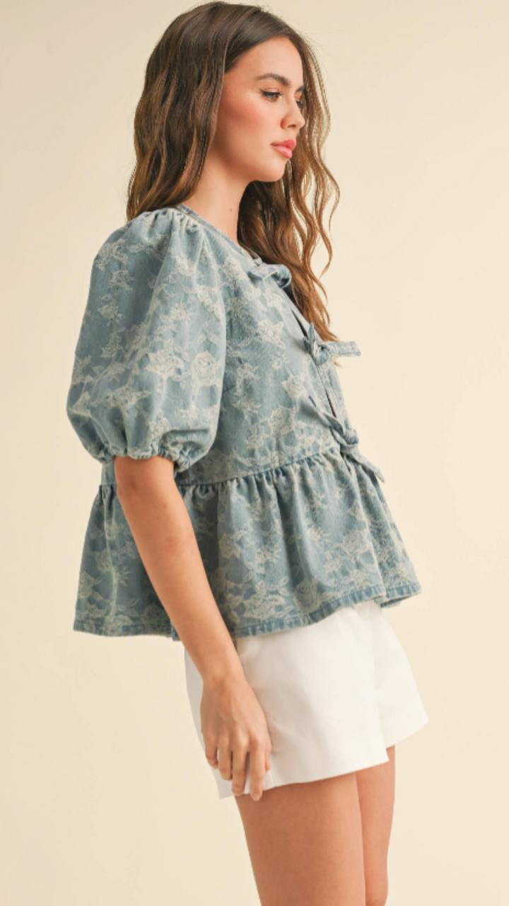 Denim Jacquard Bow Blouse