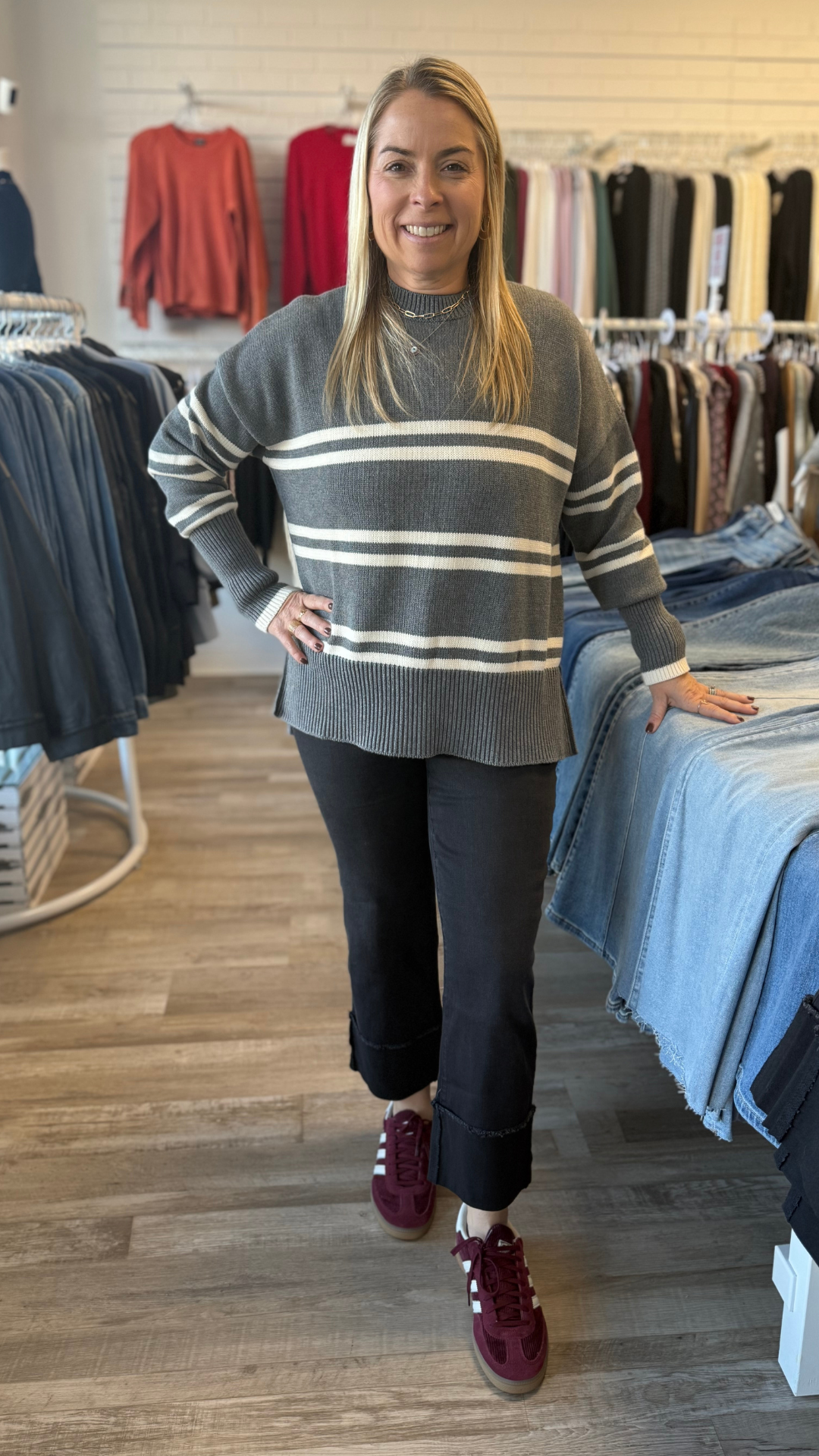 Heather Gray And Cream Stripe Sweater