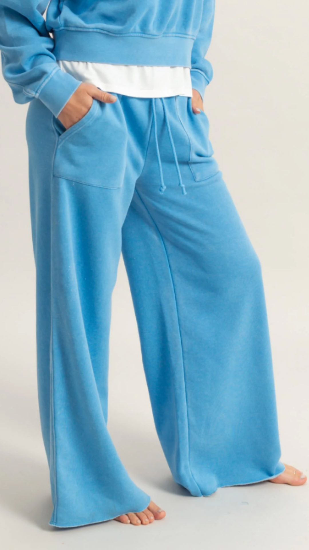 Blue High Rise Wide Leg Drawstring Pants