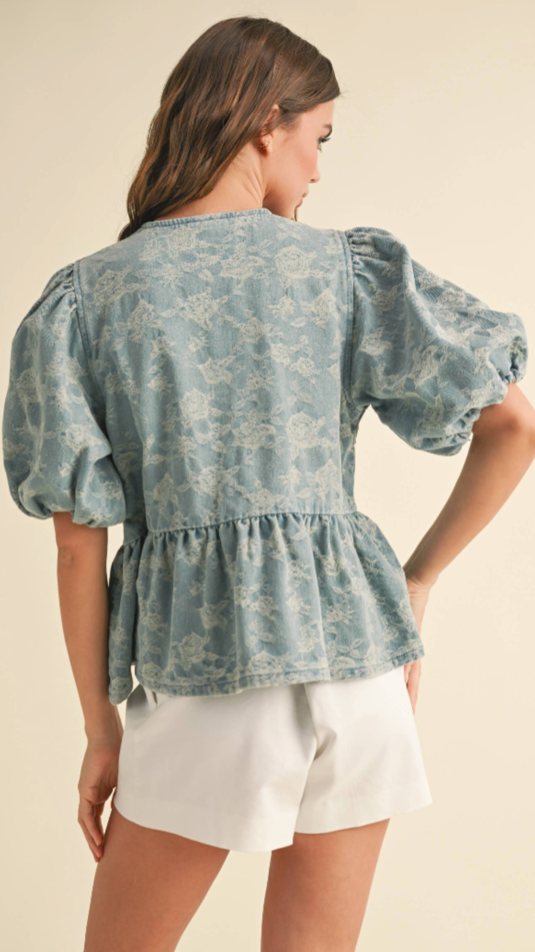 Denim Jacquard Bow Blouse