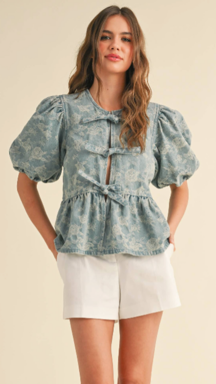 Denim Jacquard Bow Blouse