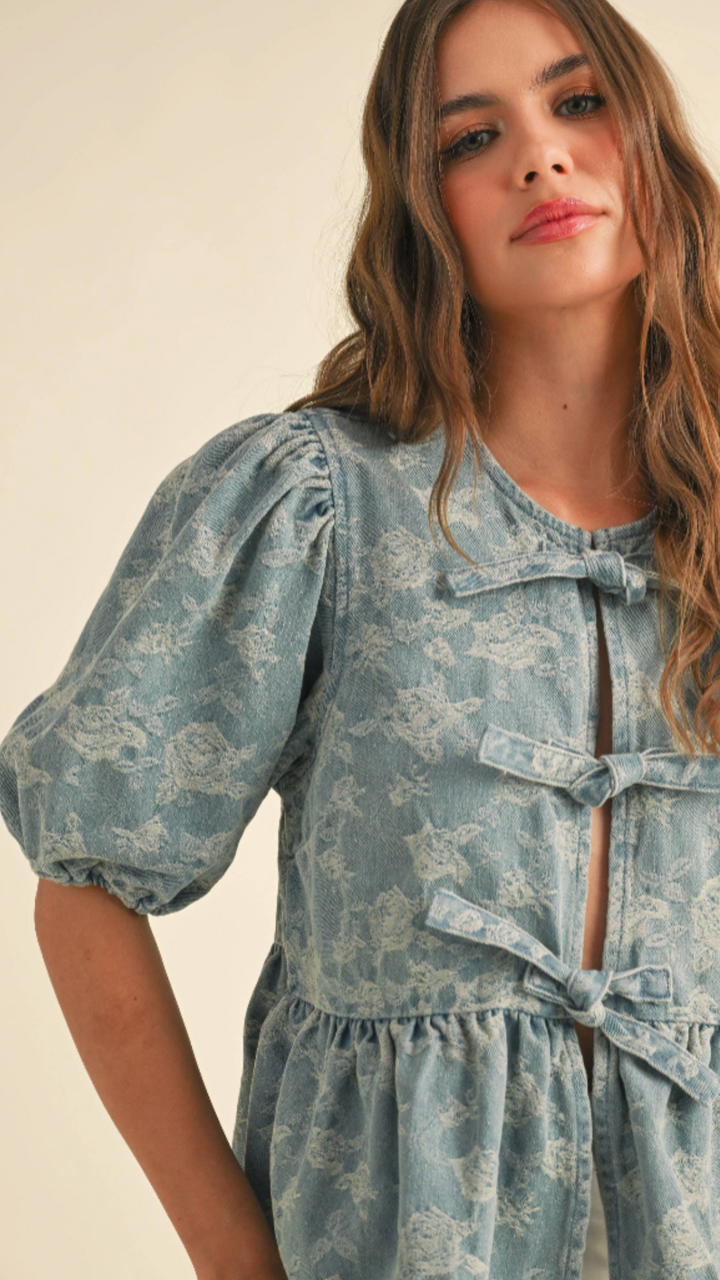 Denim Jacquard Bow Blouse