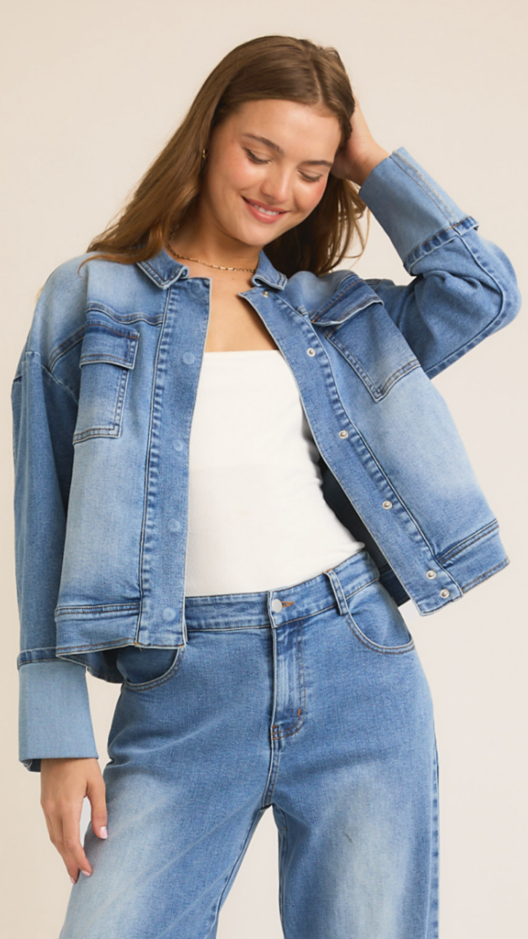 Cuffed Sleeve Twill Denim Jacket