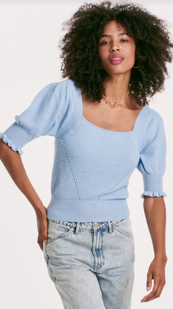 Shirred Elbow Sleeve Square Neck Sweater