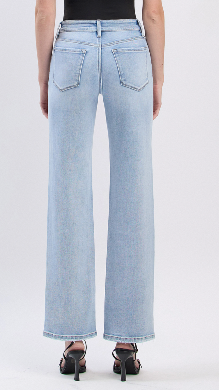 High Rise Light Wash Full Length Slim Wide Leg Jeans