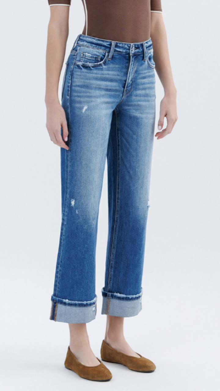 High Rise Medium Wash Cuffed Slim Wide Jeans