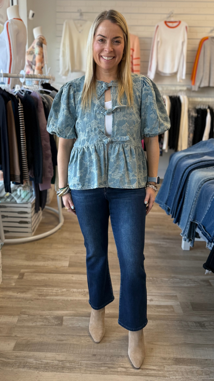 Denim Jacquard Bow Blouse