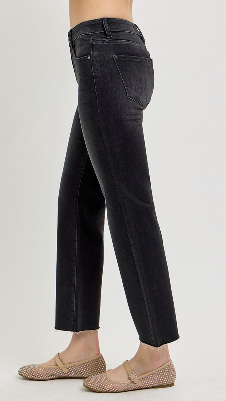 Mid Rise Black Tummy Control Crop Straight Jeans