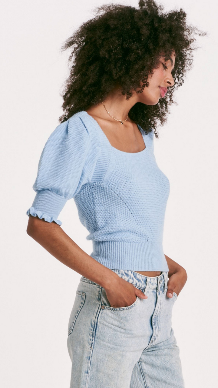 Shirred Elbow Sleeve Square Neck Sweater