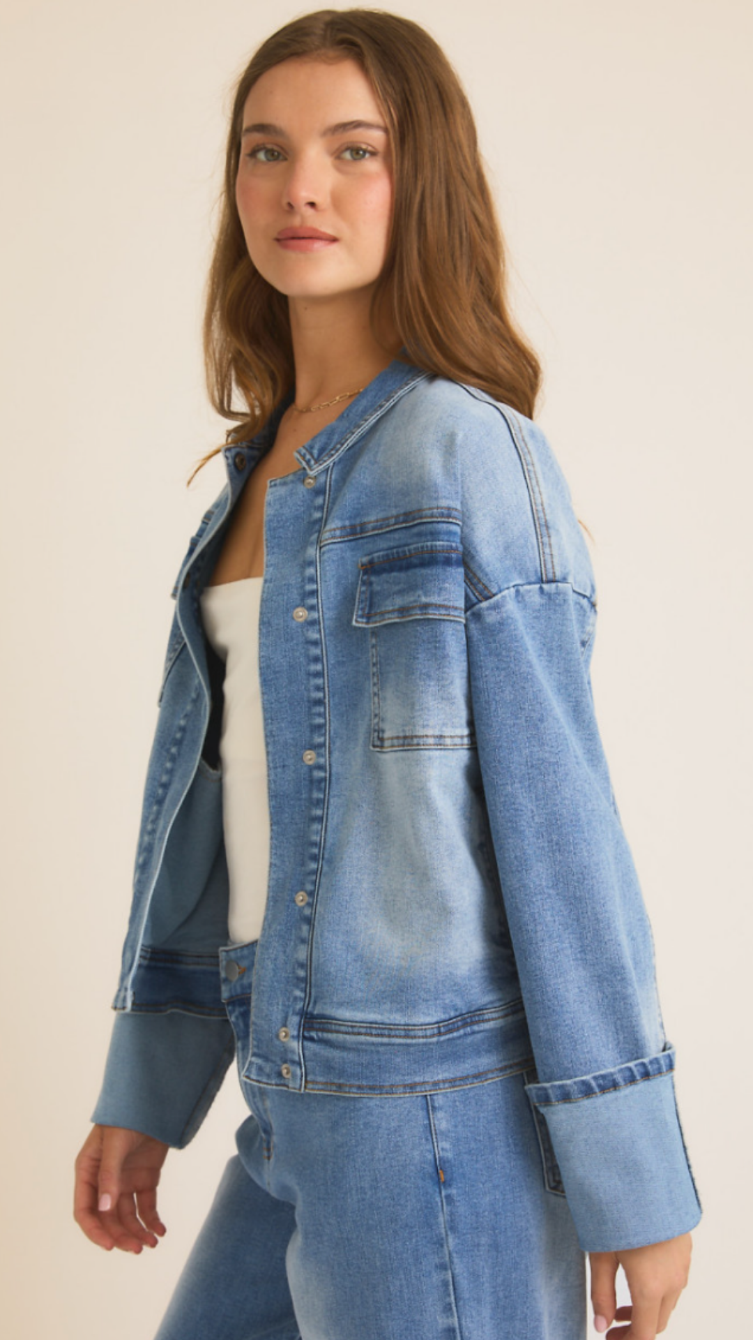 Cuffed Sleeve Twill Denim Jacket