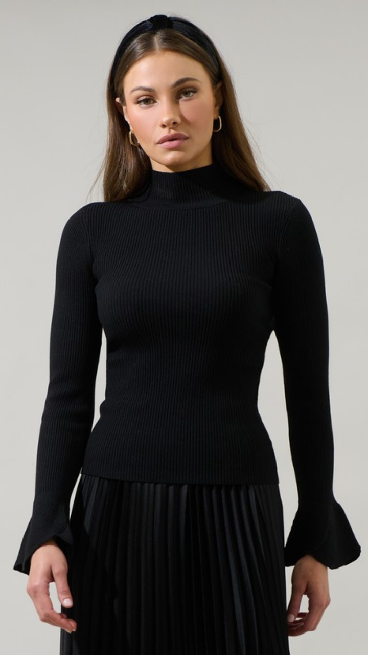 Mock Neck Sweater With Ruffle Sleeves