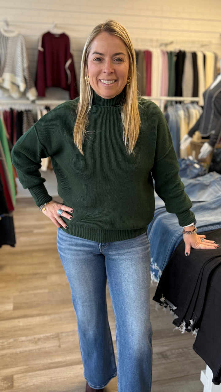 Hunter Green Mock Neck Ribbed Sweater