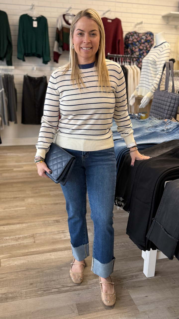 White With Navy Stripe Round Neck Pullover Sweater