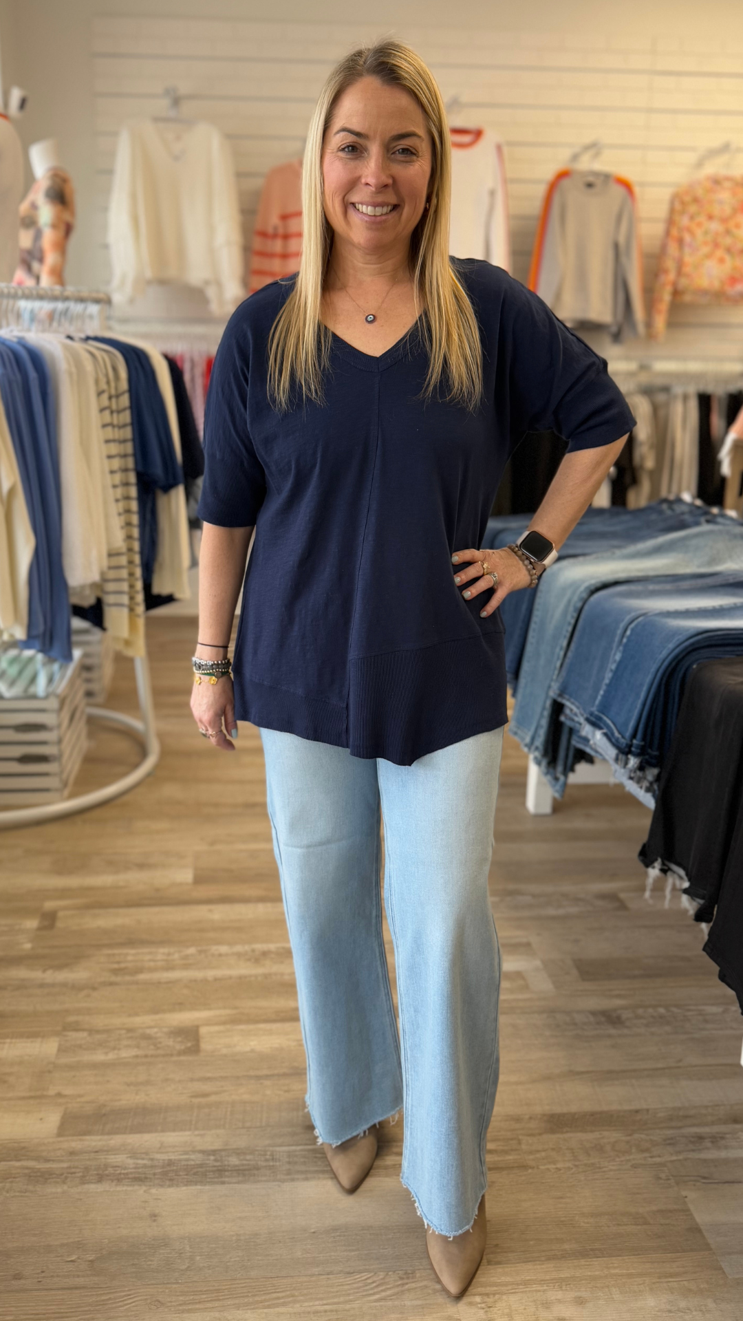 Oversized Navy Asymmetrical Ribbed Elbow Top