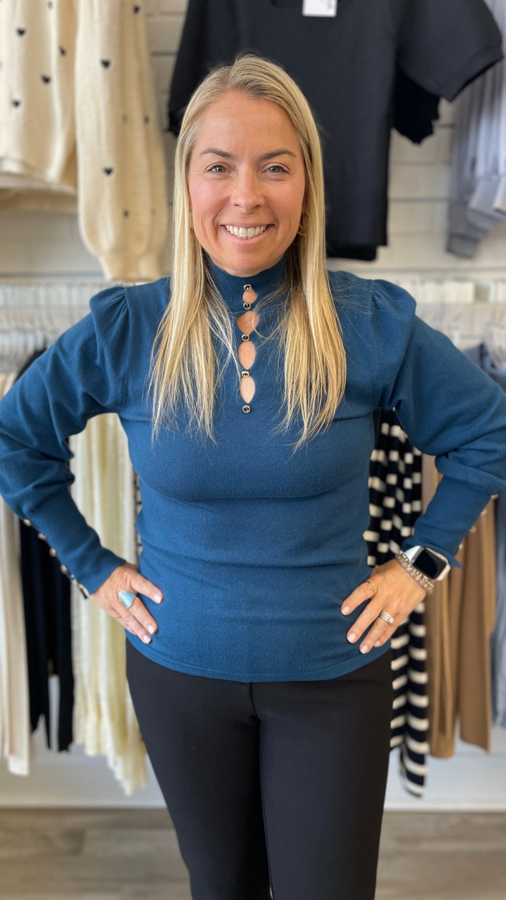 Petrol Blue Buttoned Sweater