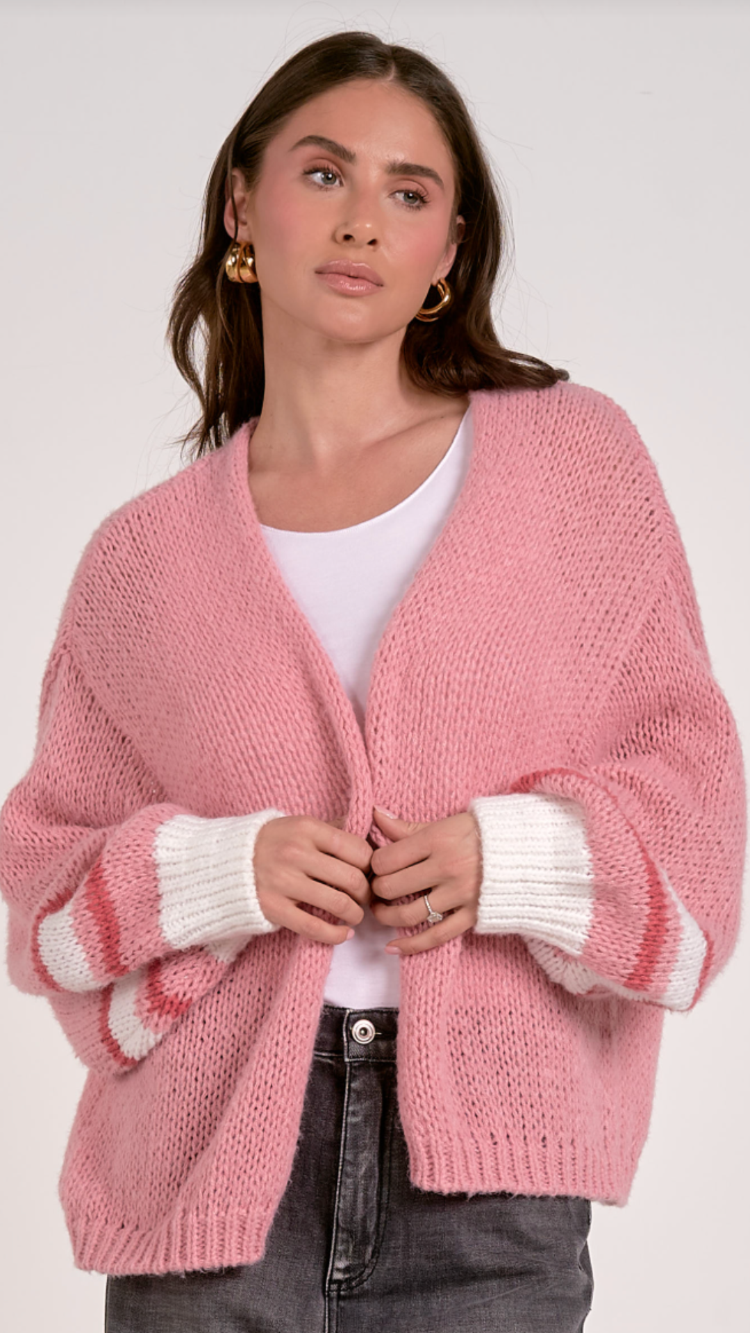 Pink Loose Fit Knit Sweater Cardigan