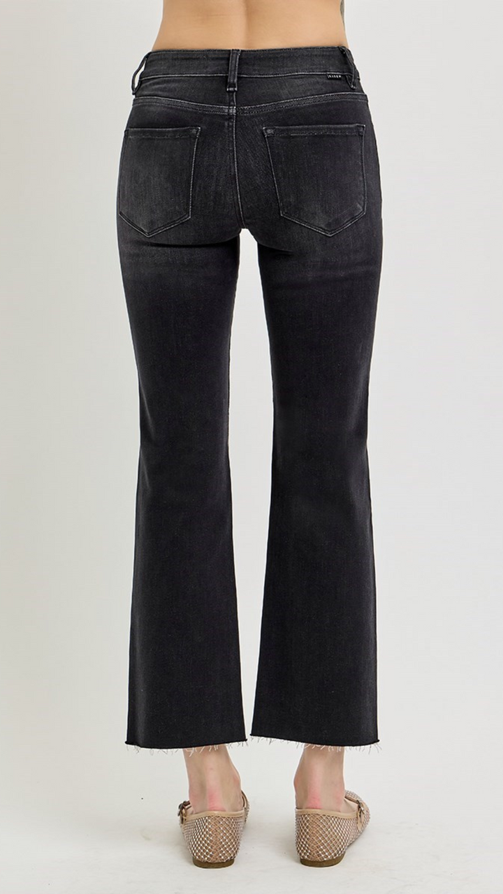 Mid Rise Black Tummy Control Crop Straight Jeans