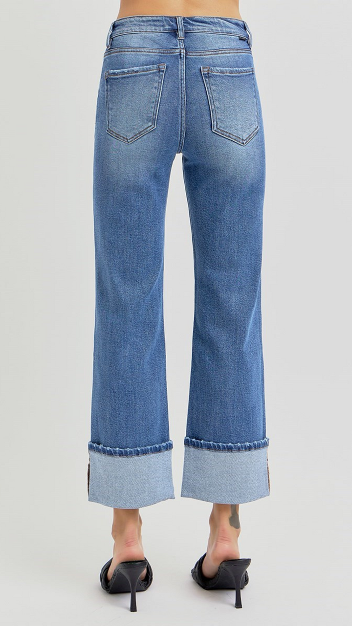 High Rise Ankle Straight Wide Cuffed Jeans