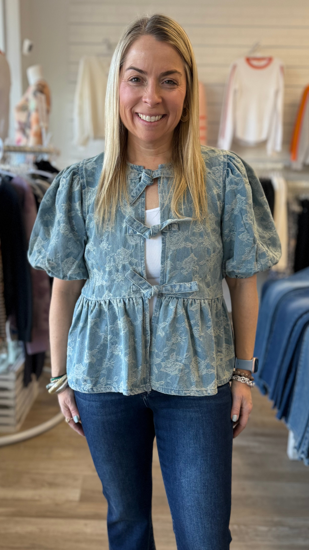 Denim Jacquard Bow Blouse