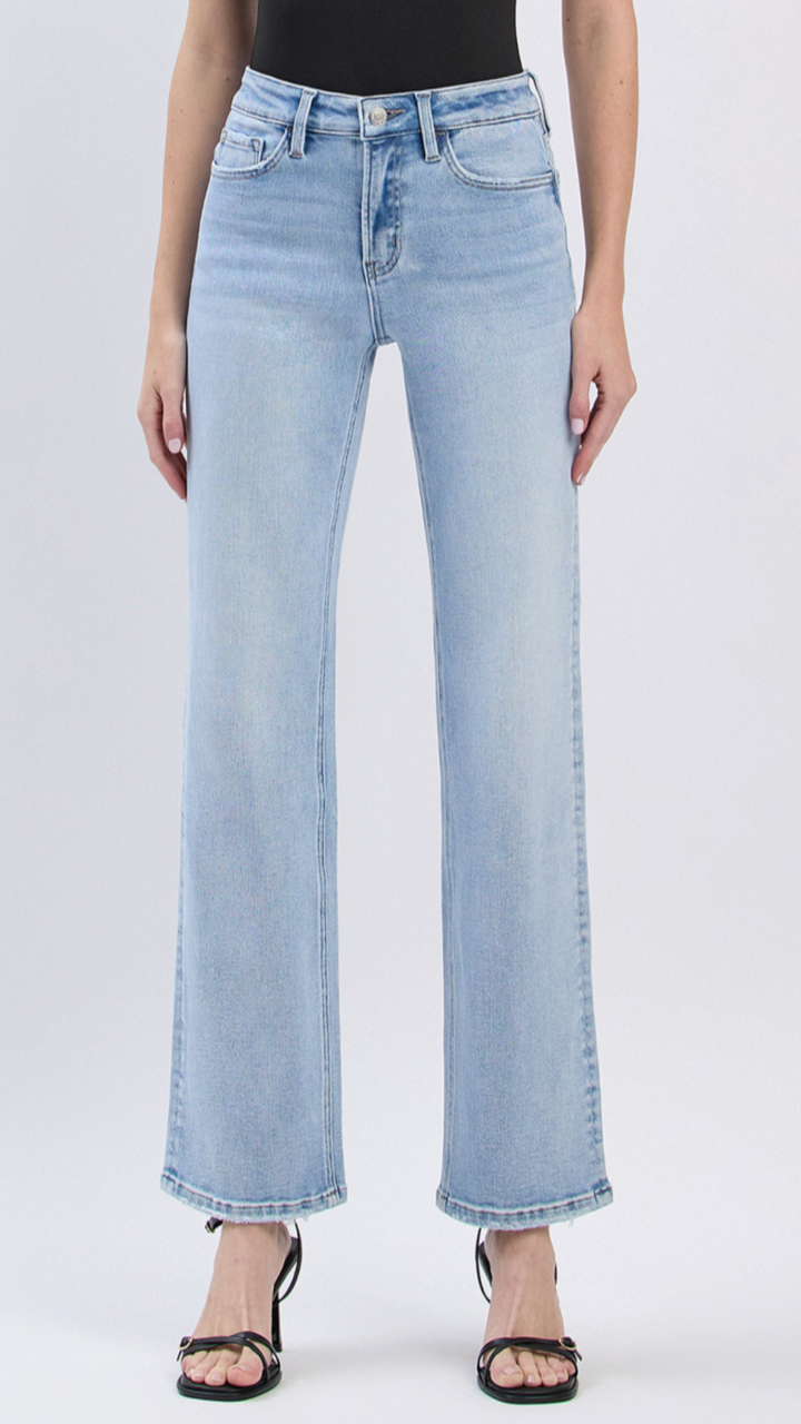 High Rise Light Wash Full Length Slim Wide Leg Jeans