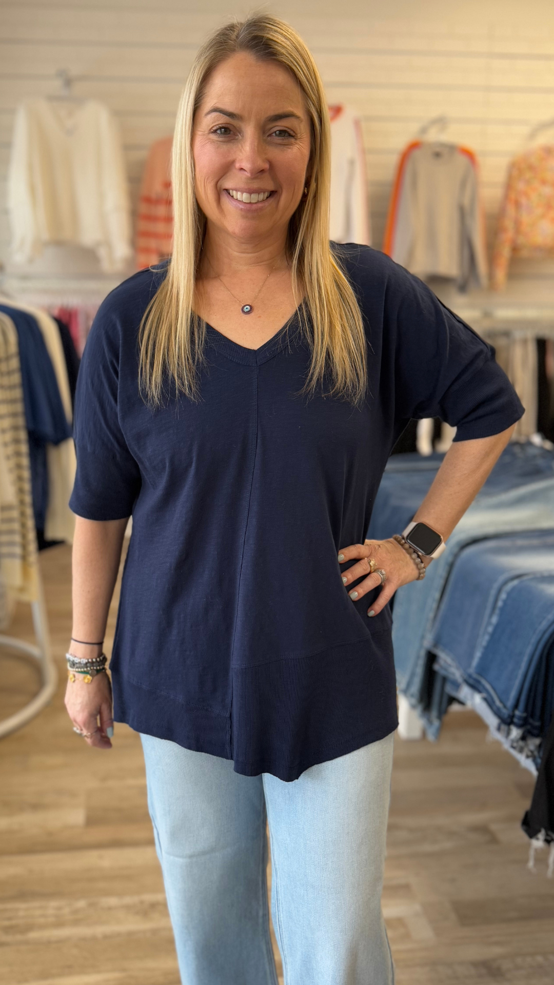 Oversized Navy Asymmetrical Ribbed Elbow Top