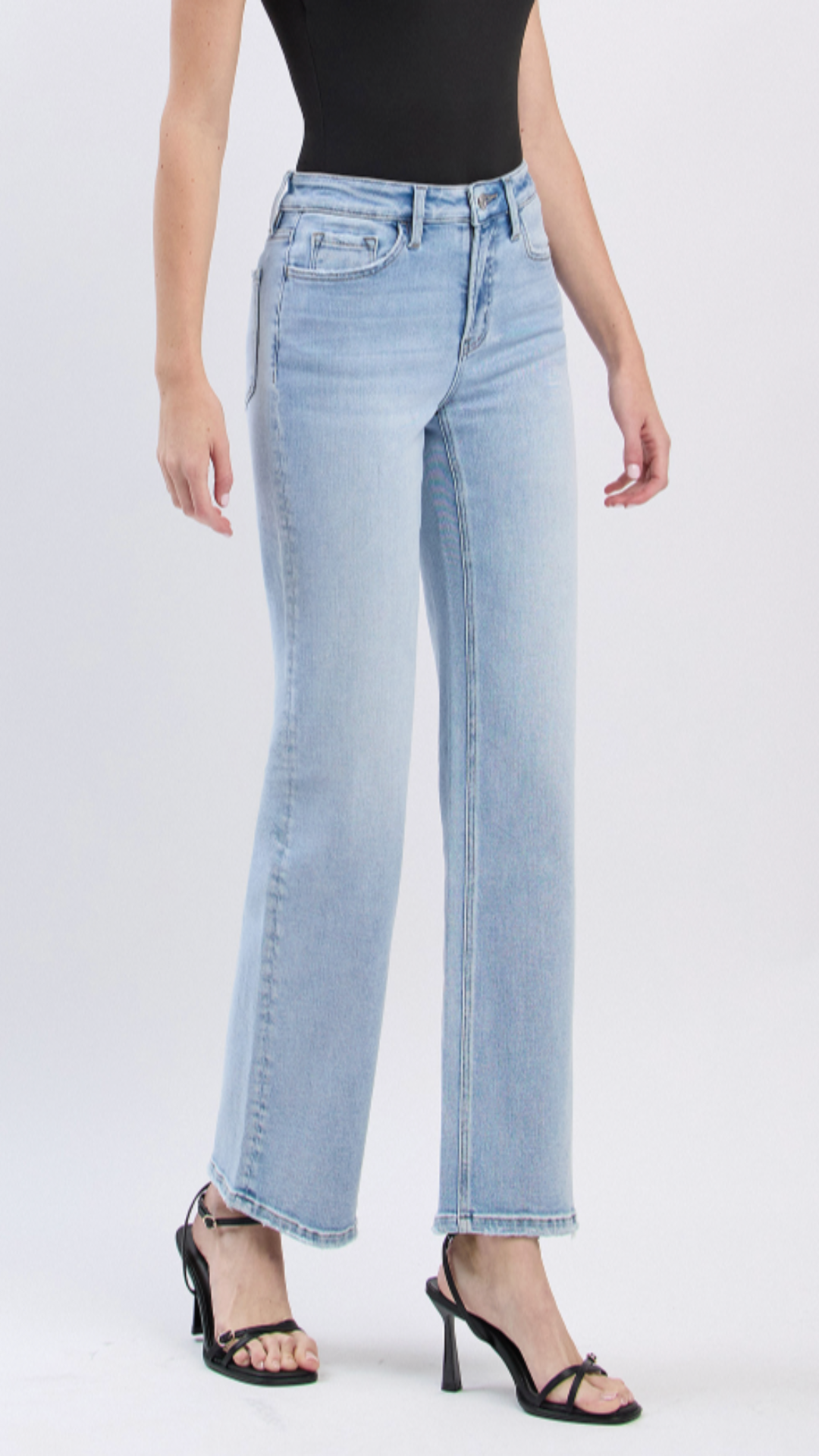 High Rise Light Wash Full Length Slim Wide Leg Jeans