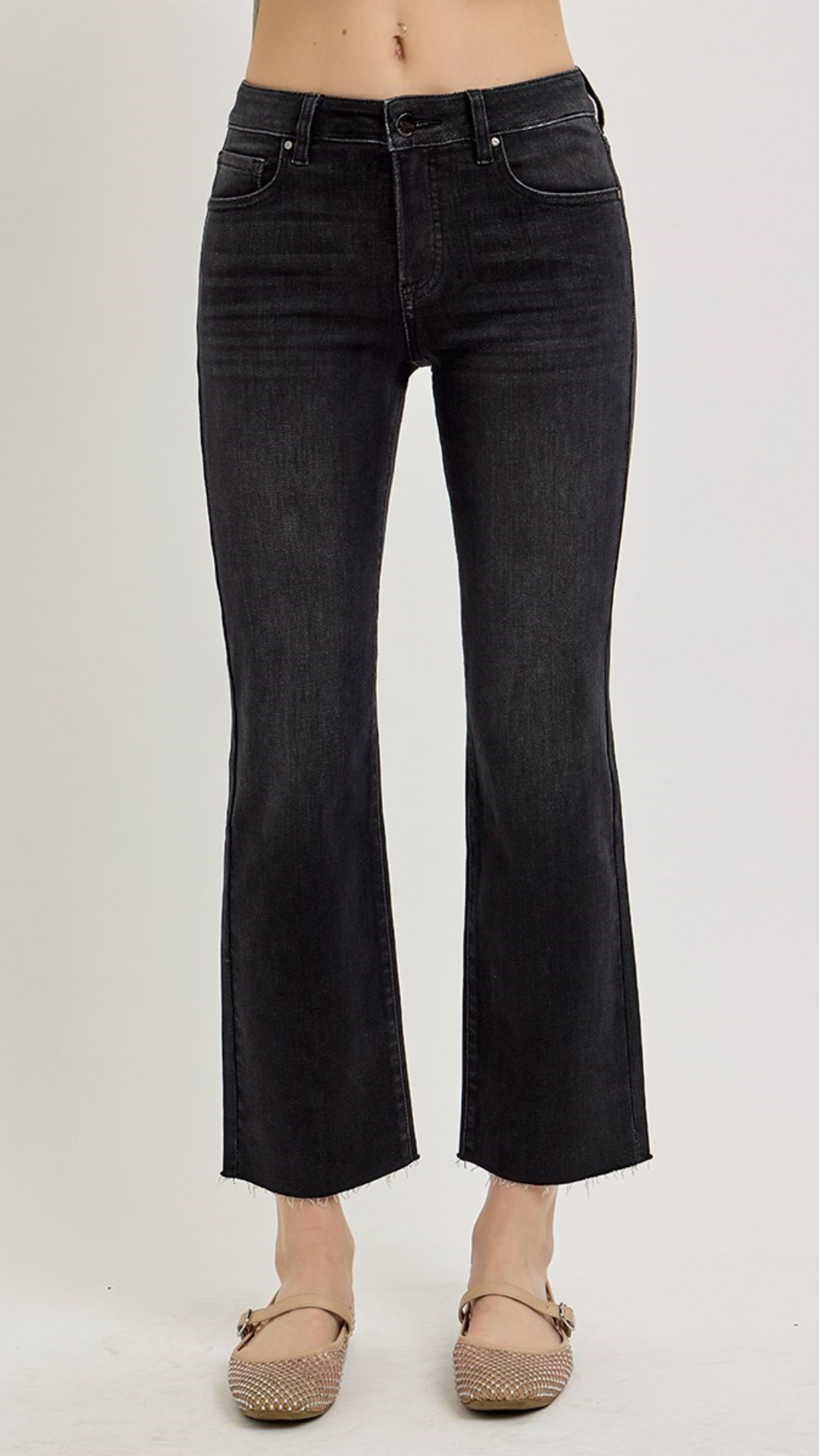 Mid Rise Black Tummy Control Crop Straight Jeans