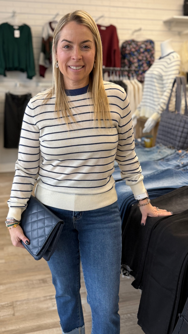 White With Navy Stripe Round Neck Pullover Sweater