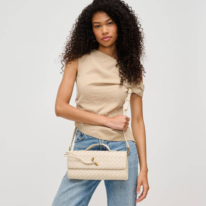 Oatmilk Top Handle Woven East West Clutch Crossbody