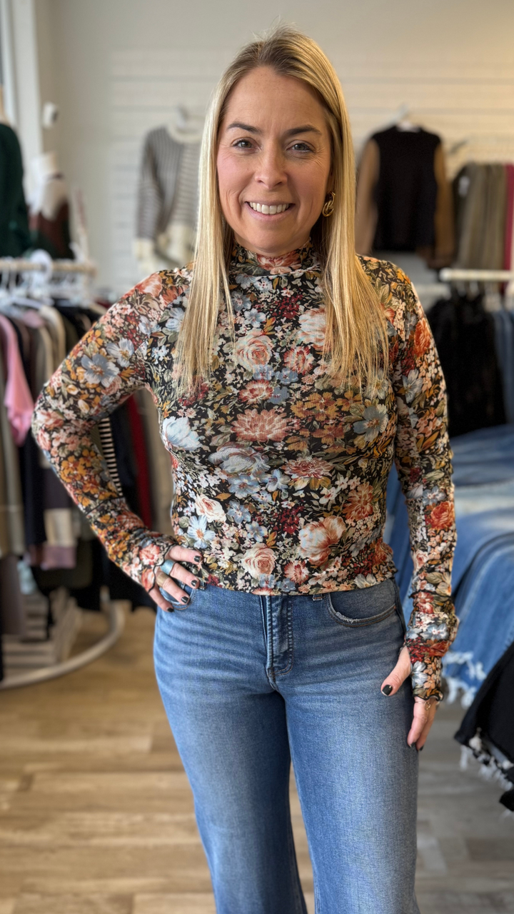 Floral Print Semi Sheer Mesh Top With Thumbholes