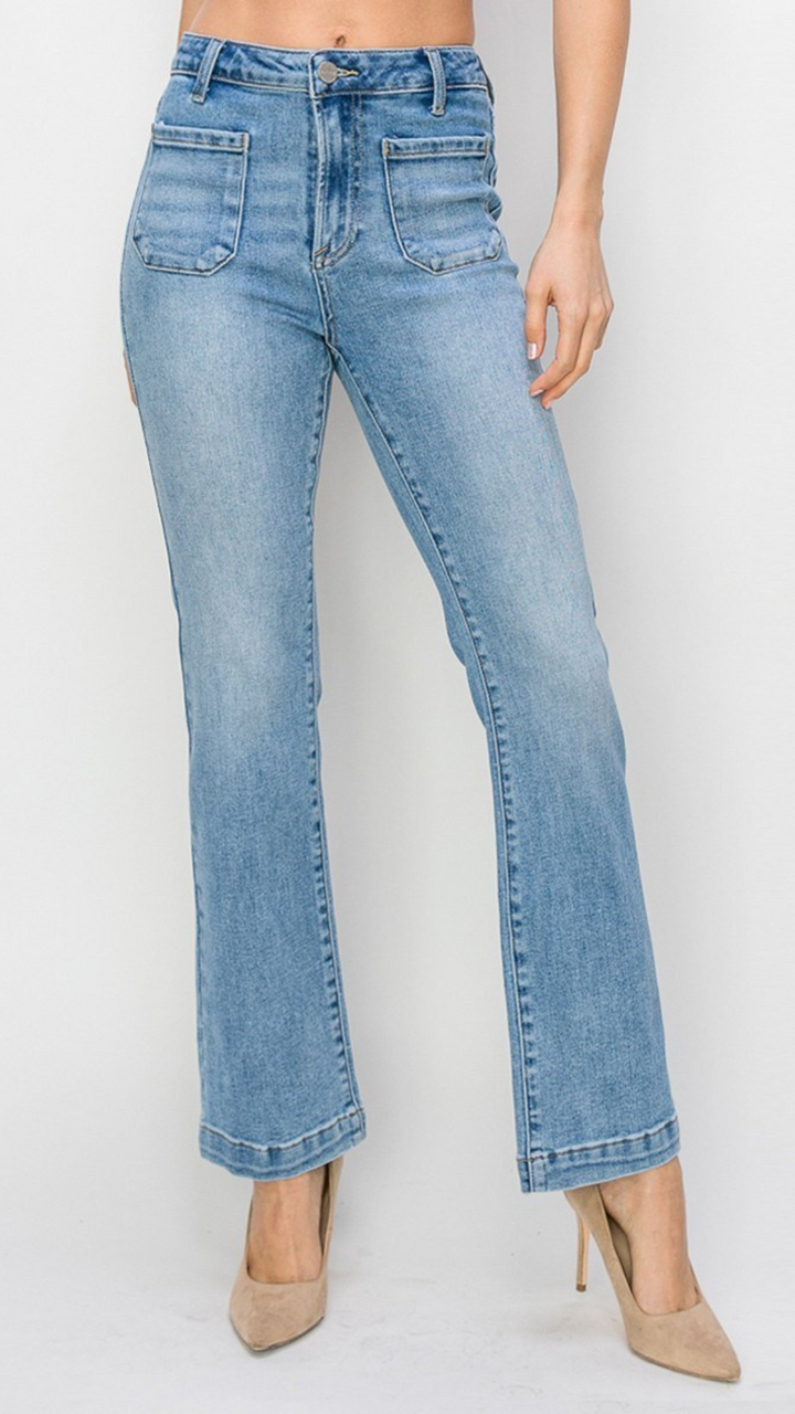 Light Wash High Rise Patch Pocket Bootcut Jeans