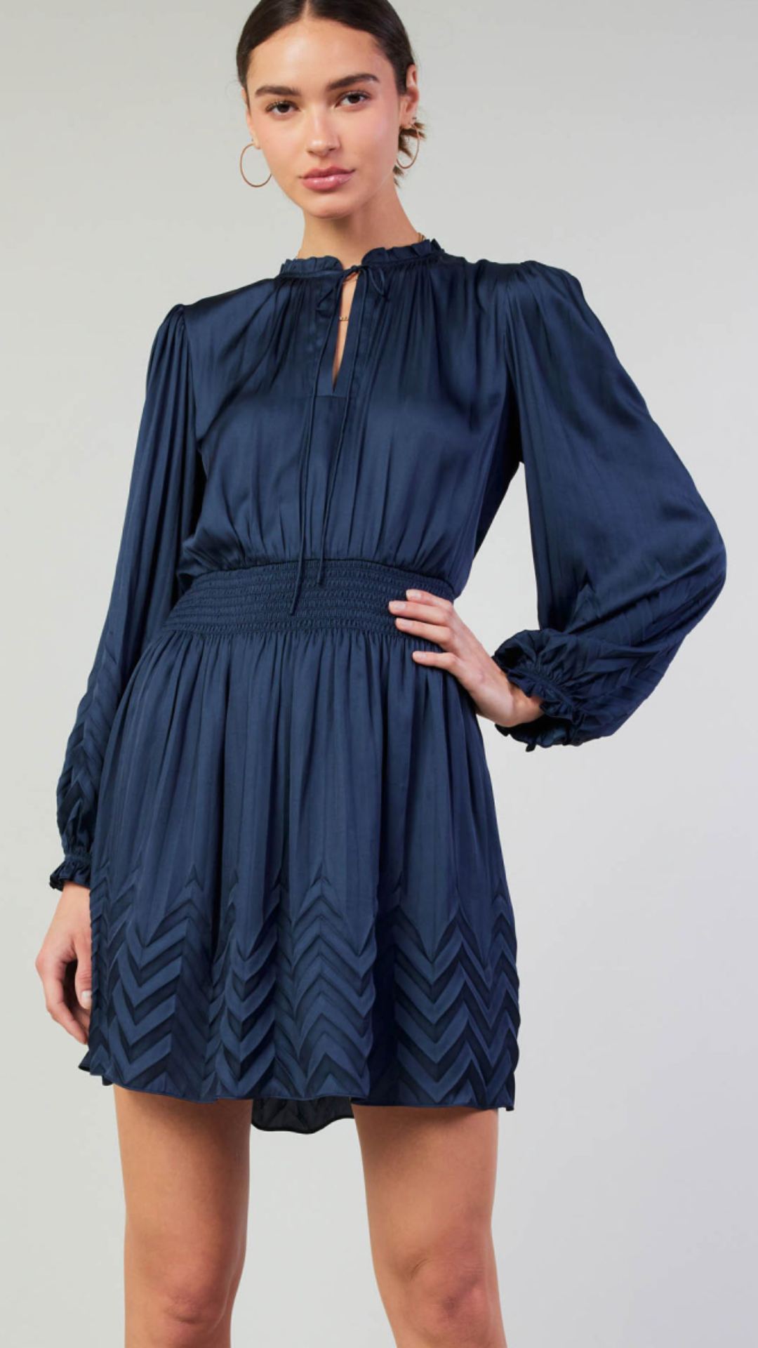 Navy Chevron Pleated Detail Dress