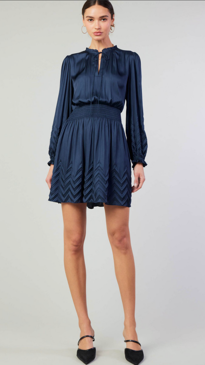 Navy Chevron Pleated Detail Dress