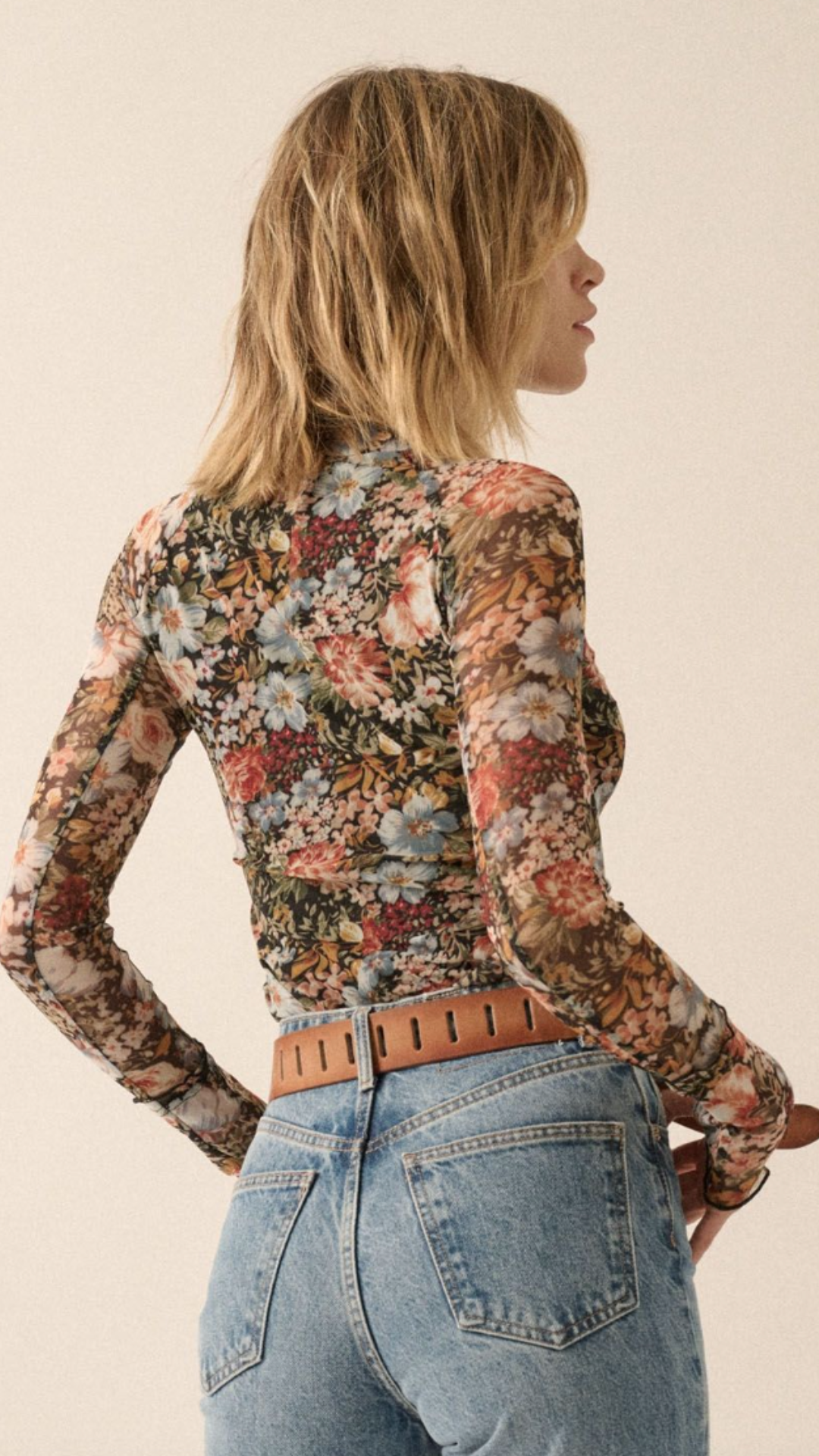 Floral Print Semi Sheer Mesh Top With Thumbholes